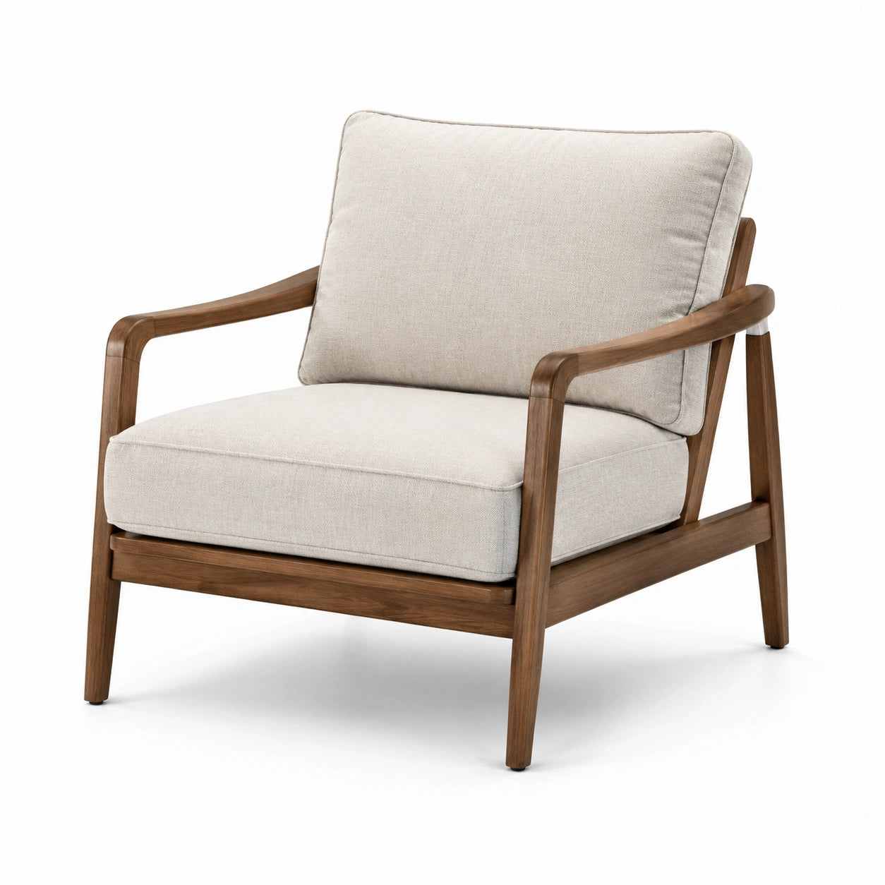 Sillón de madera de nogal con cojines de lino poliéster beige