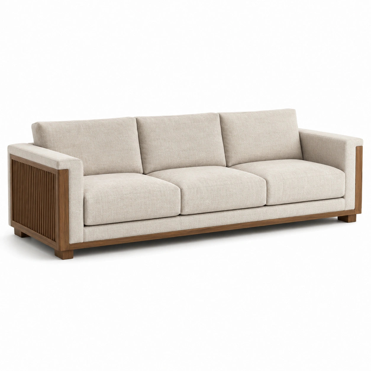 Sofá de tres plazas beige con estructura de madera y tejido de poliéster
