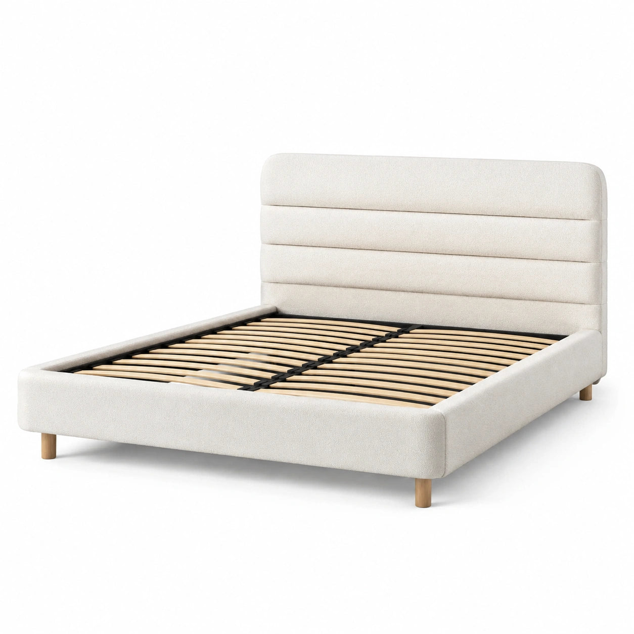 Cama doble beige tapizada con estructura de abedul