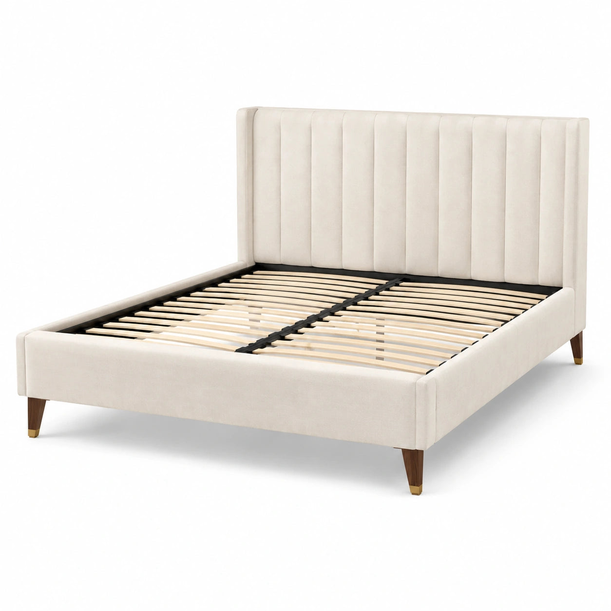 Cama doble de madera y terciopelo beige 160x200 cm