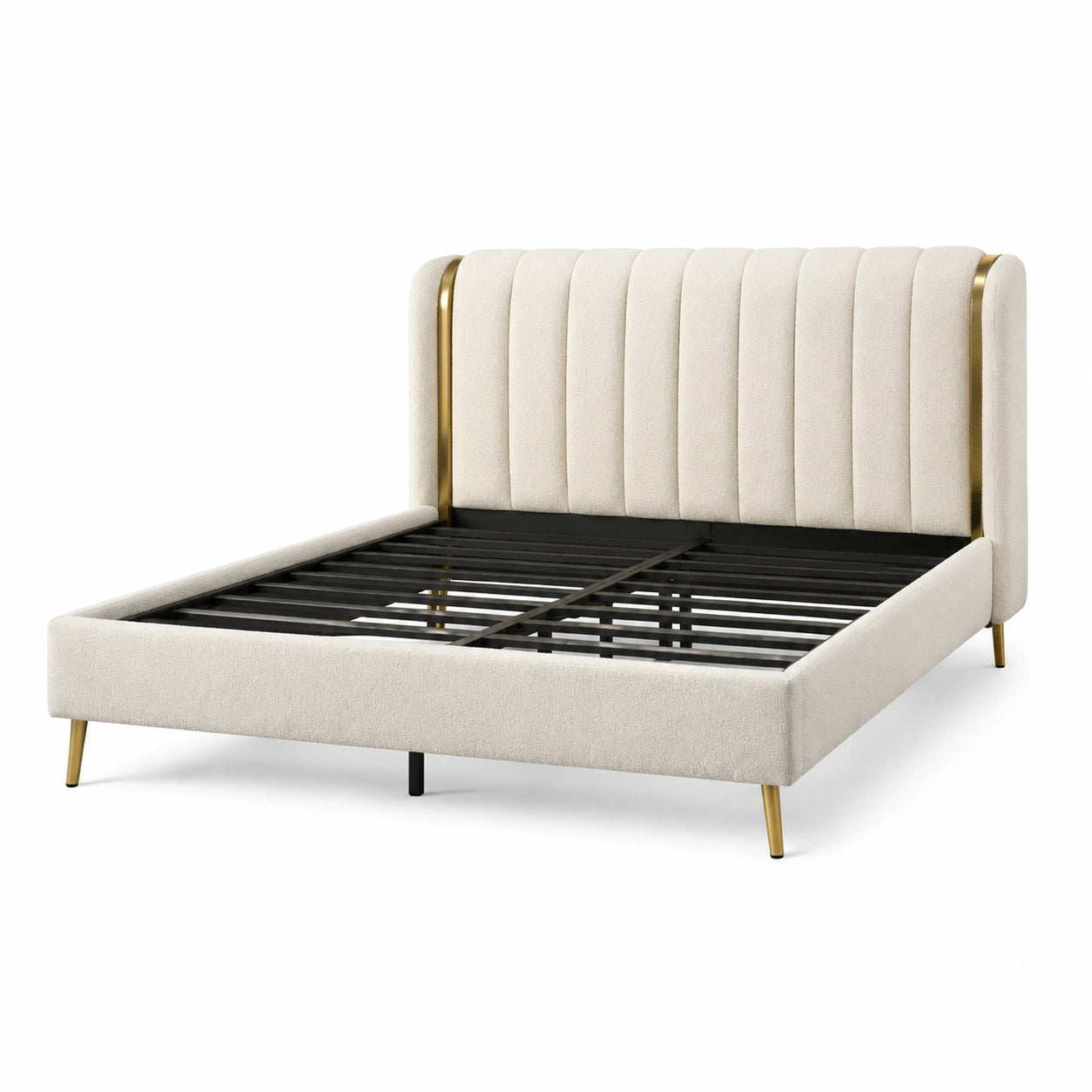 Cama doble con cabecero tapizado en poliéster y detalles dorados 200x160 cm