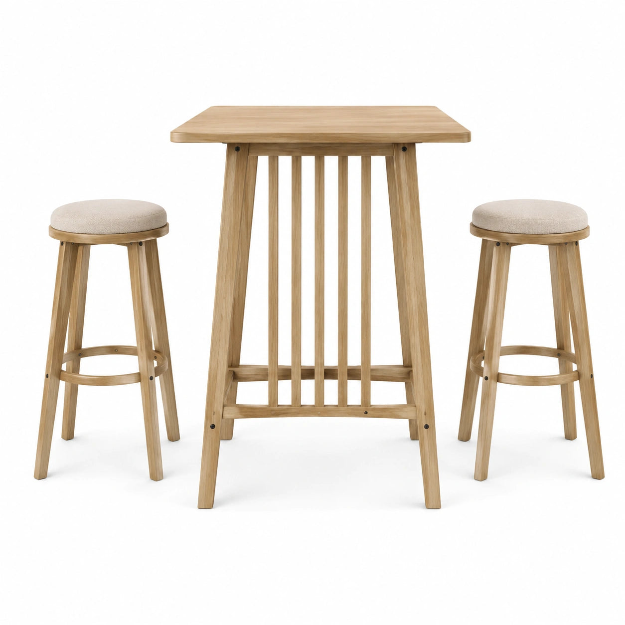 Conjunto de bar de madera con taburetes beige