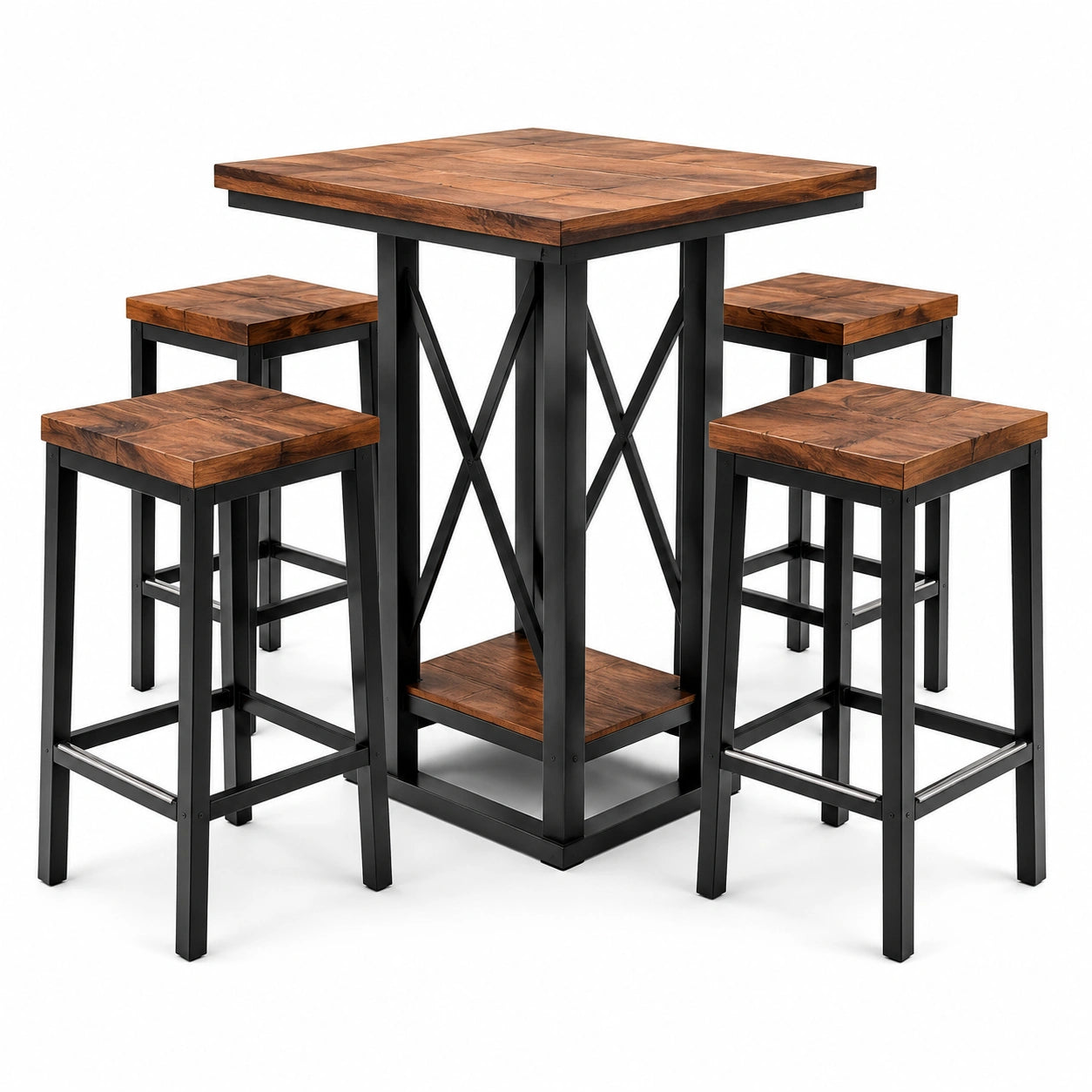 Conjunto de bar con mesa cuadrada de madera y taburetes de metal