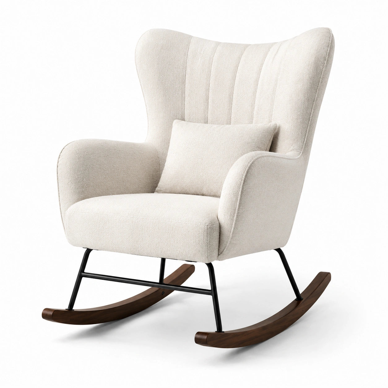 Silla mecedora de poliéster beige con estructura de metal y base de madera
