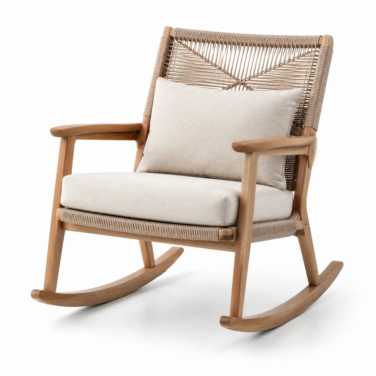 Silla mecedora de teca con cojines de lino beige y respaldo de cuerda